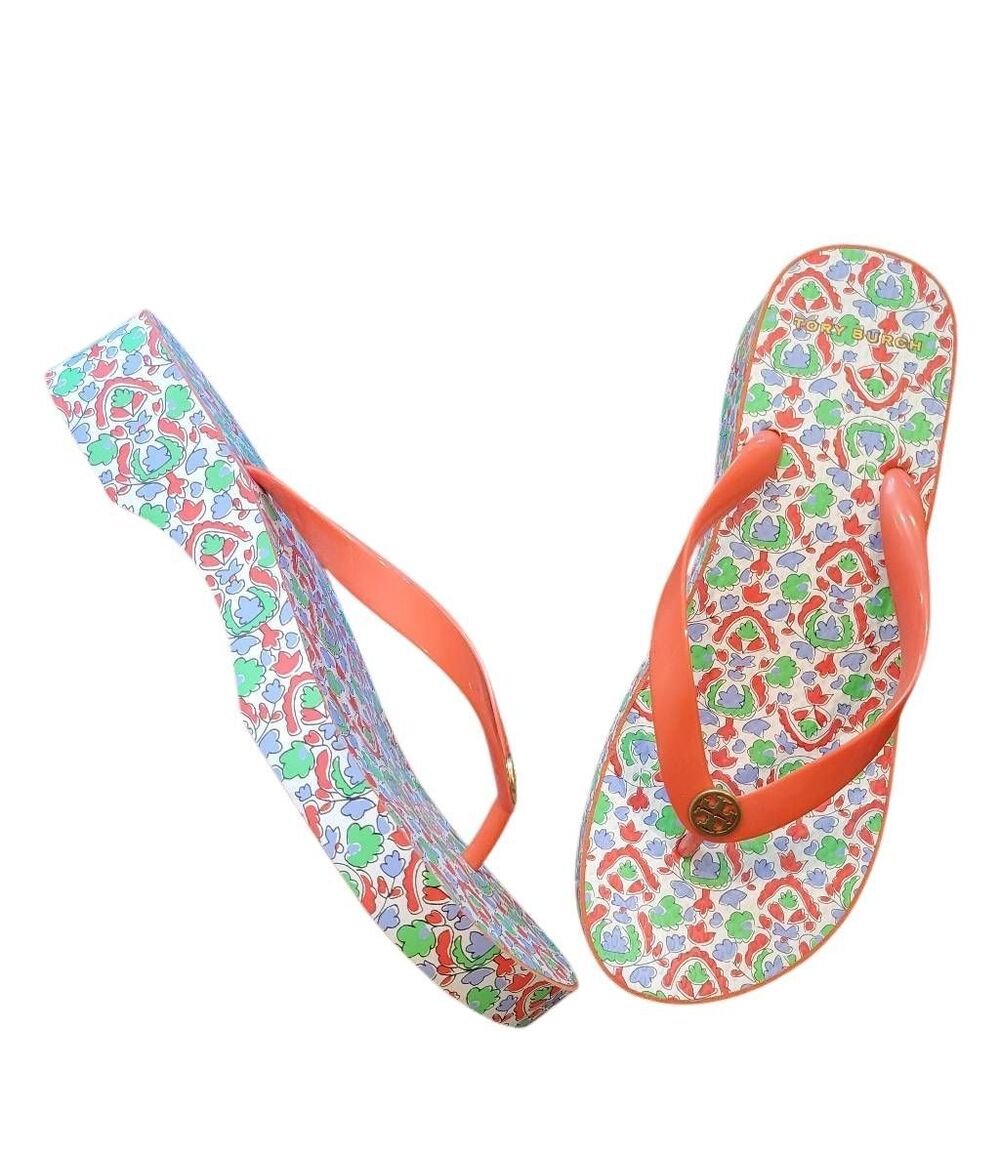 Tory Burch Sandals Women's 9 Red Floral Thandie Wedge Flip Flop Rubber Logo